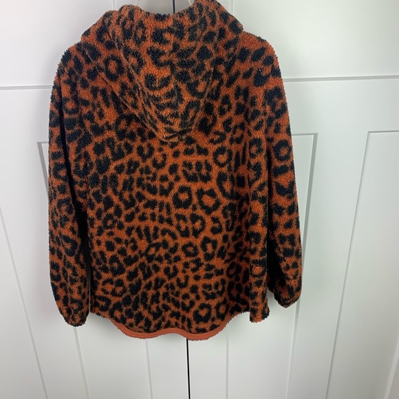 Ann Taylor LOFT LARGE hooded Fleece Half Zip Brown Black Leopard Animal - Picture 4 of 8